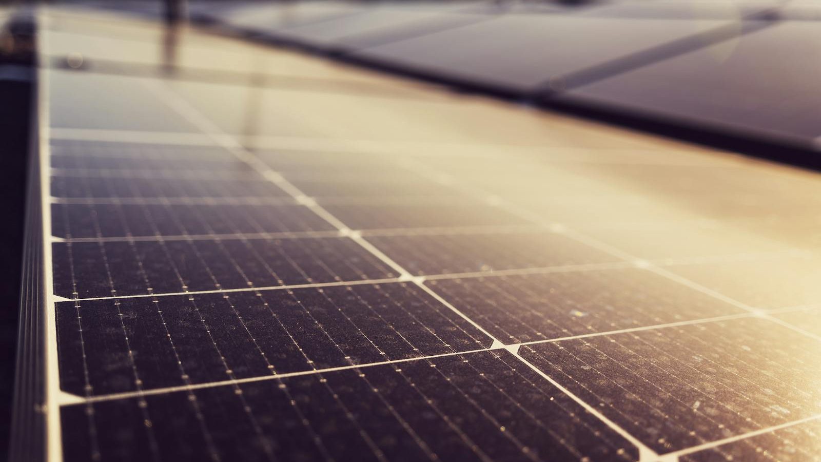 Close-up of solar panel cells against a blue sky